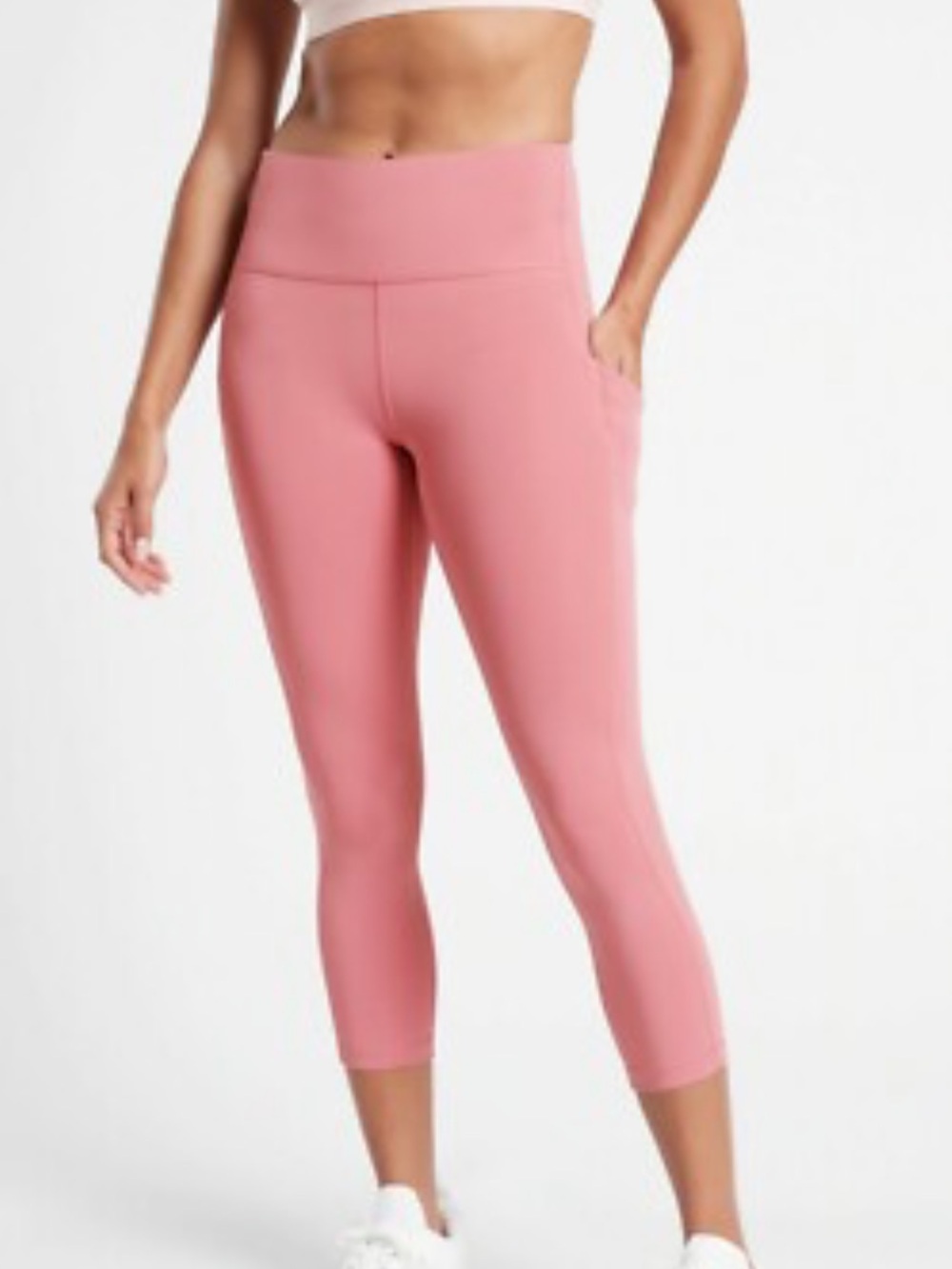 Athleta High-Waist Rose Pink Capri Leggings with Side Pockets